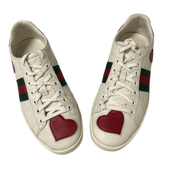 Gucci Ace Web Heart Leather Sneakers White Red Green Size 37.5 / US 7.5 - Picture 2 of 14